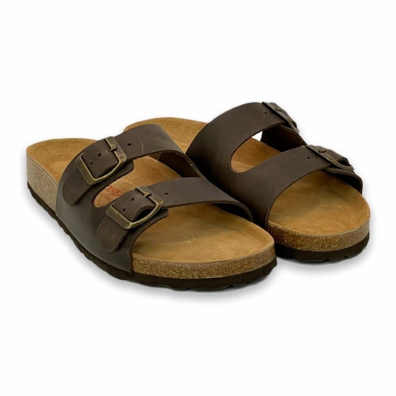 Rockfish Hoby Leather Two-strap Cork Sandal Double Strap Men's Sandals Dark Brown | AUL9664PE