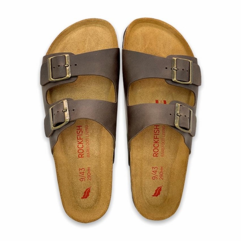 Rockfish Hoby Leather Two-strap Cork Sandal Double Strap Men's Sandals Dark Brown | AUL9664PE