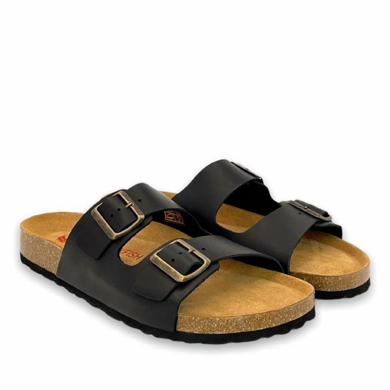 Rockfish Hoby Leather Two-strap Cork Sandal Double Strap Men's Sandals Black | PJL5915LJ