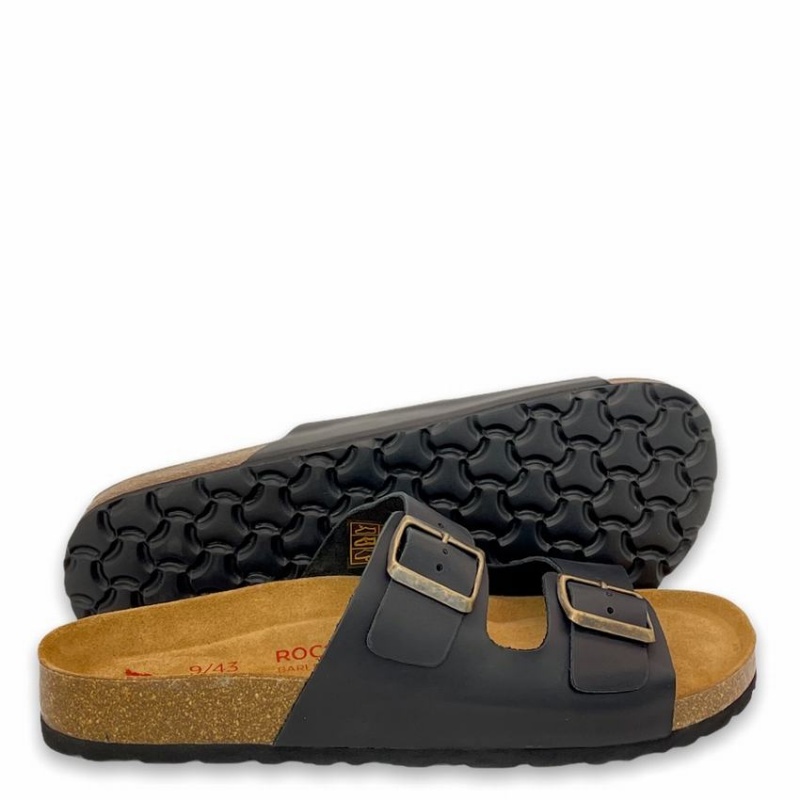 Rockfish Hoby Leather Two-strap Cork Sandal Double Strap Men's Sandals Black | PJL5915LJ