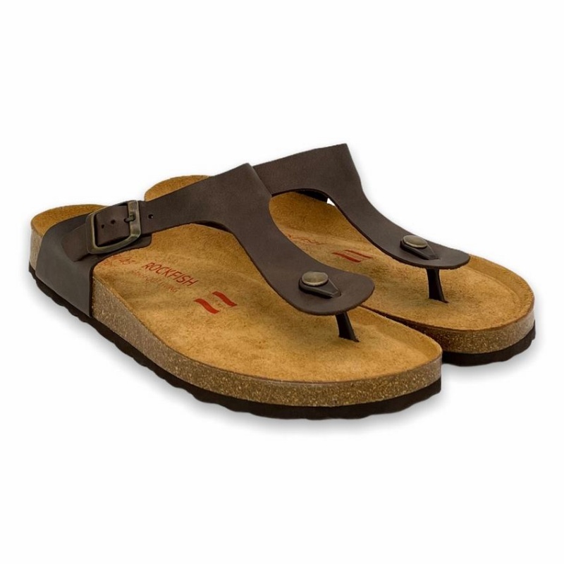 Rockfish Lochlan Leather Thong Cork Flatform Flip Flop Men's Sandals Dark Brown | PRX4620BF