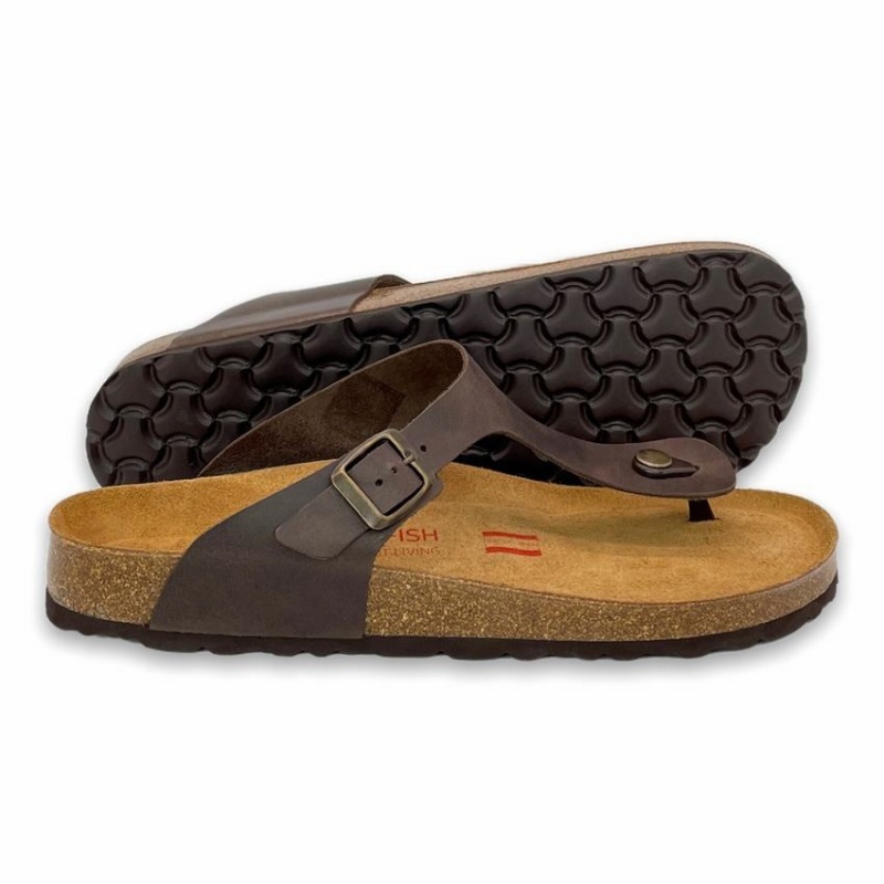Rockfish Lochlan Leather Thong Cork Flatform Flip Flop Men's Sandals Dark Brown | PRX4620BF