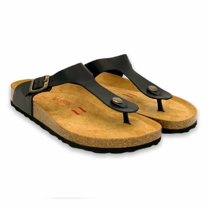 Rockfish Lochlan Leather Thong Cork Flatform Flip Flop Men's Sandals Black | TMS2719IM