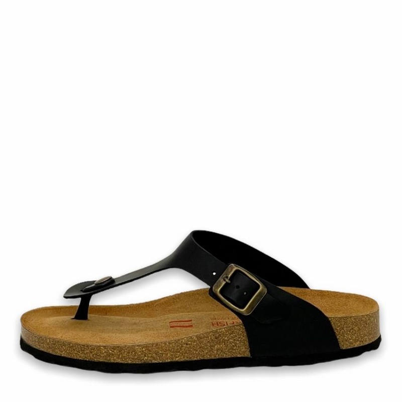 Rockfish Lochlan Leather Thong Cork Flatform Flip Flop Men's Sandals Black | TMS2719IM